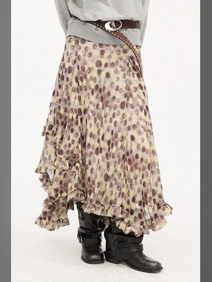 DIDDI MODA Leopard Print Polka Dot Printed Asymmetric Ruffle Women&