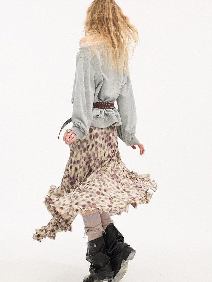 DIDDI MODA Leopard Print Polka Dot Printed Asymmetric Ruffle Women&