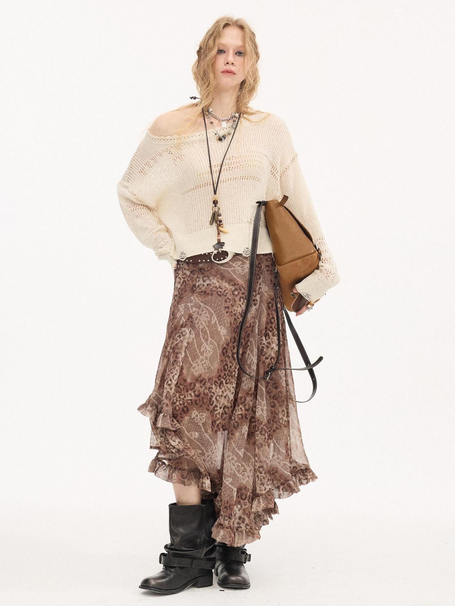 DIDDI MODA Leopard Print Polka Dot Printed Asymmetric Ruffle Women&