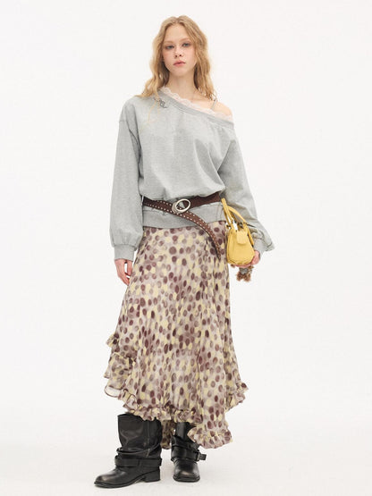 DIDDI MODA Leopard Print Polka Dot Printed Asymmetric Ruffle Women&