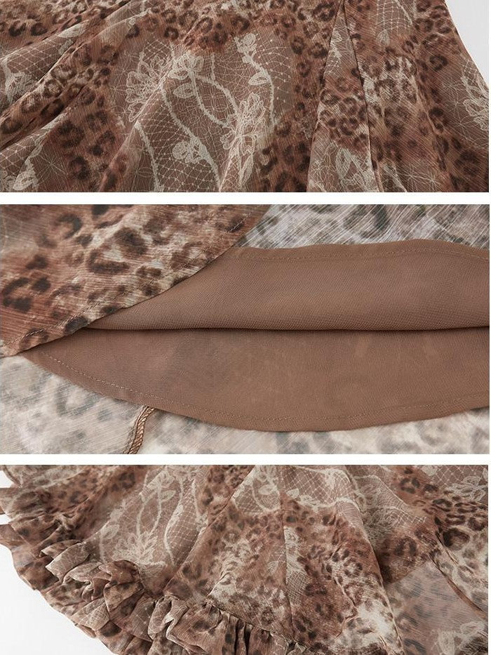 DIDDI MODA Leopard Print Polka Dot Printed Asymmetric Ruffle Women&