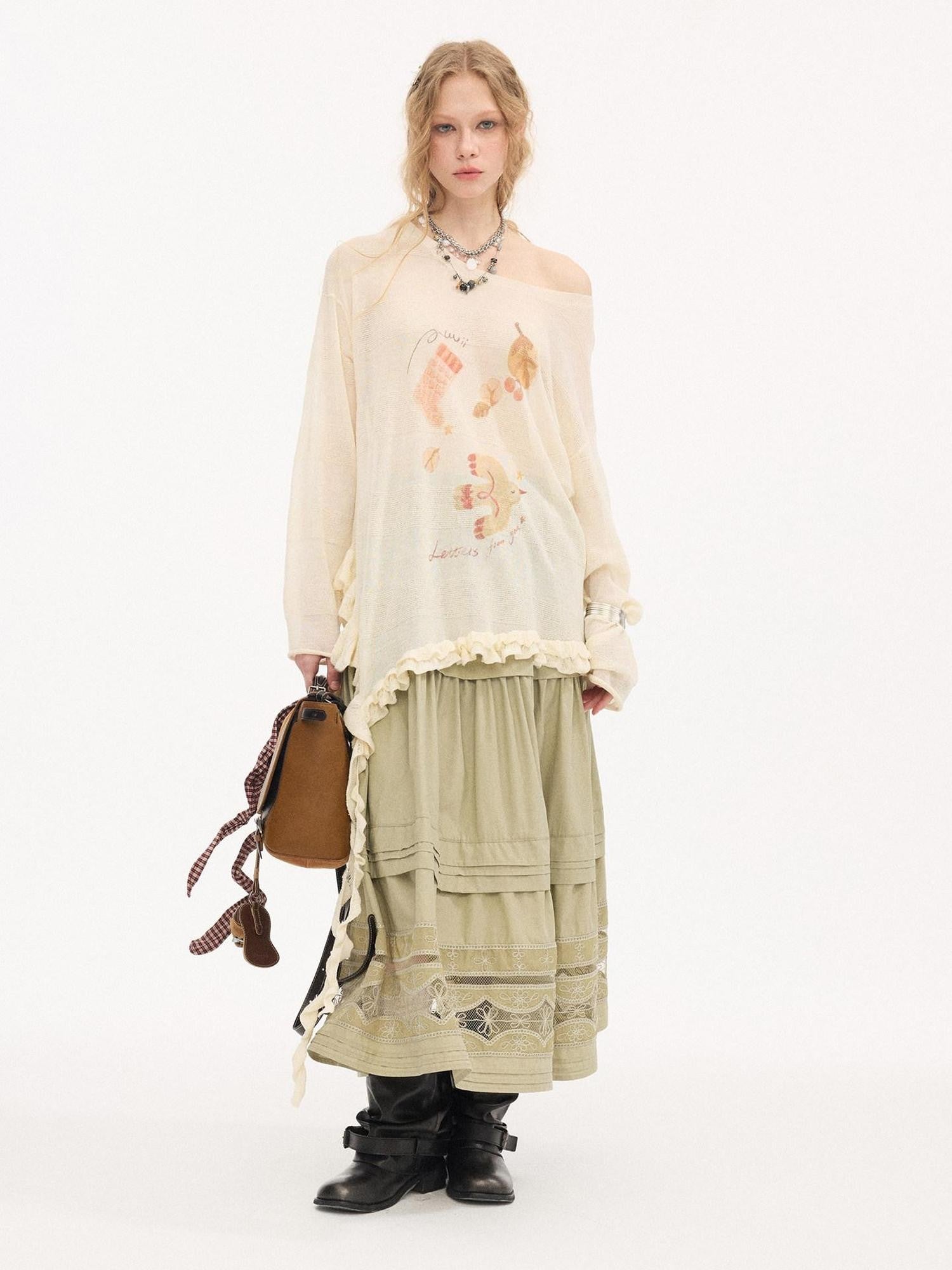 DIDDI MODA Lettuce Edge Asymmetrical Hem Printed Collegiate Women&