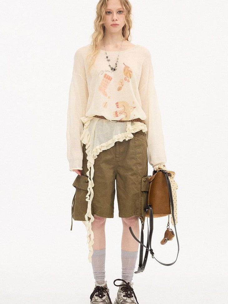 DIDDI MODA Lettuce Edge Asymmetrical Hem Printed Collegiate Women&