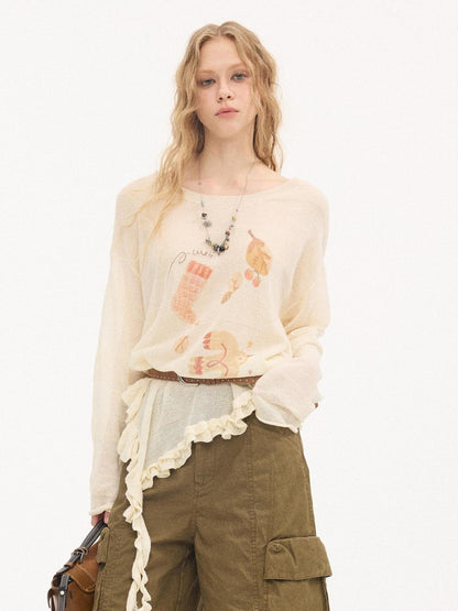 DIDDI MODA Lettuce Edge Asymmetrical Hem Printed Collegiate Women&