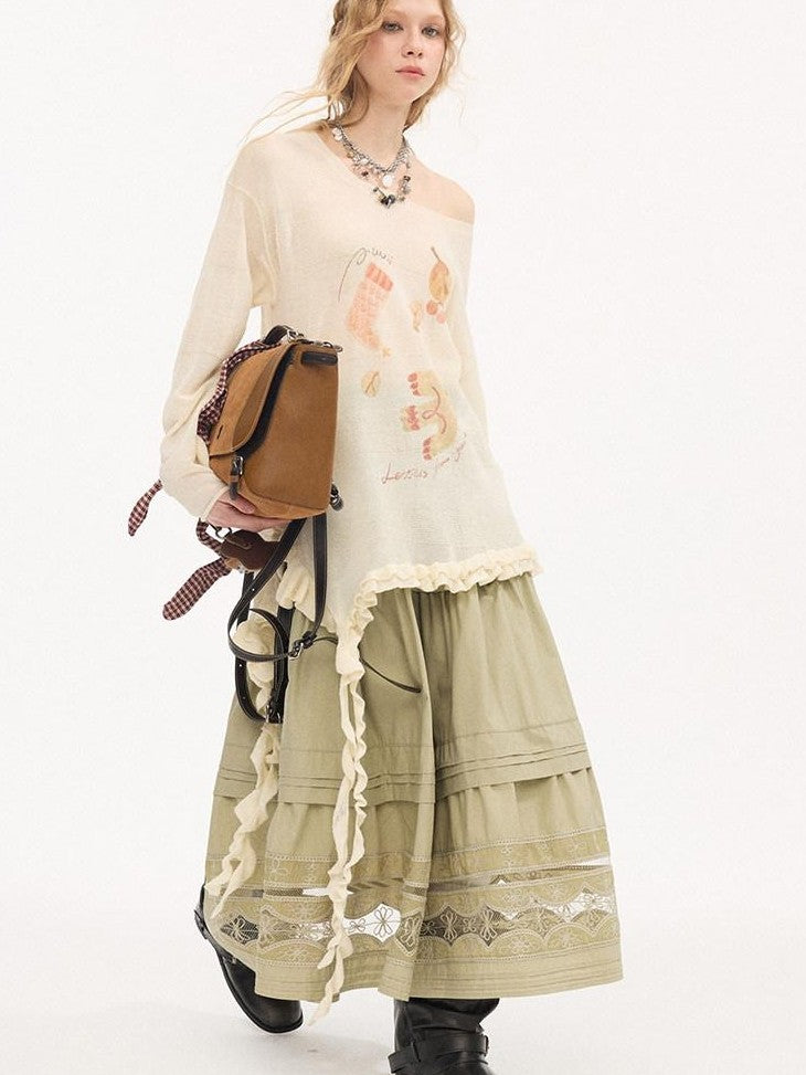 DIDDI MODA Lettuce Edge Asymmetrical Hem Printed Collegiate Women&