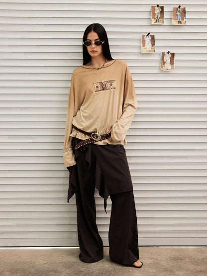 DIDDI MODA Light Khaki Letter Print U Neck Drop Shoulder Women&