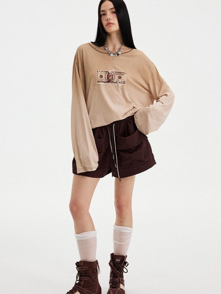 DIDDI MODA Light Khaki Letter Print U Neck Drop Shoulder Women&