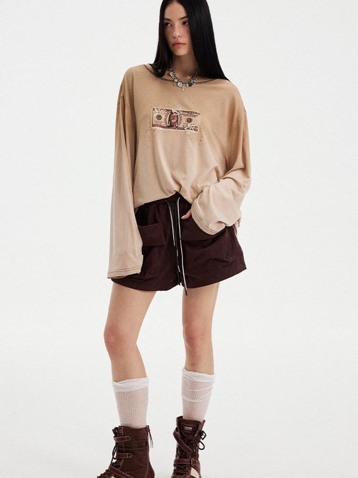 DIDDI MODA Light Khaki Letter Print U Neck Drop Shoulder Women&