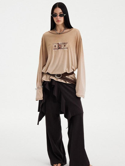 DIDDI MODA Light Khaki Letter Print U Neck Drop Shoulder Women&