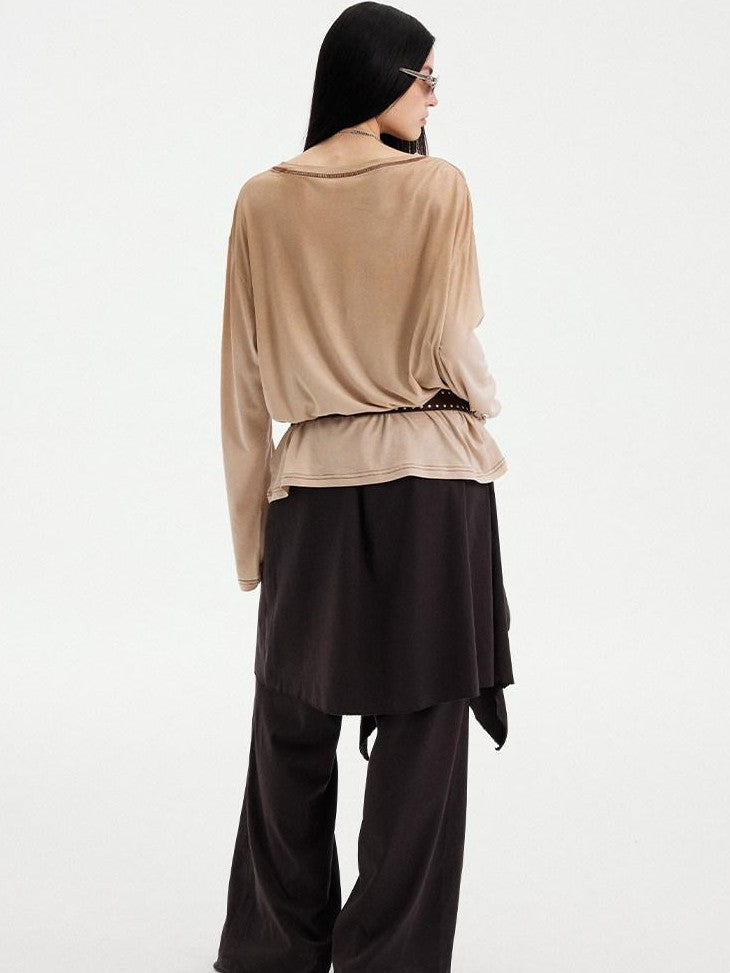DIDDI MODA Light Khaki Letter Print U Neck Drop Shoulder Women&