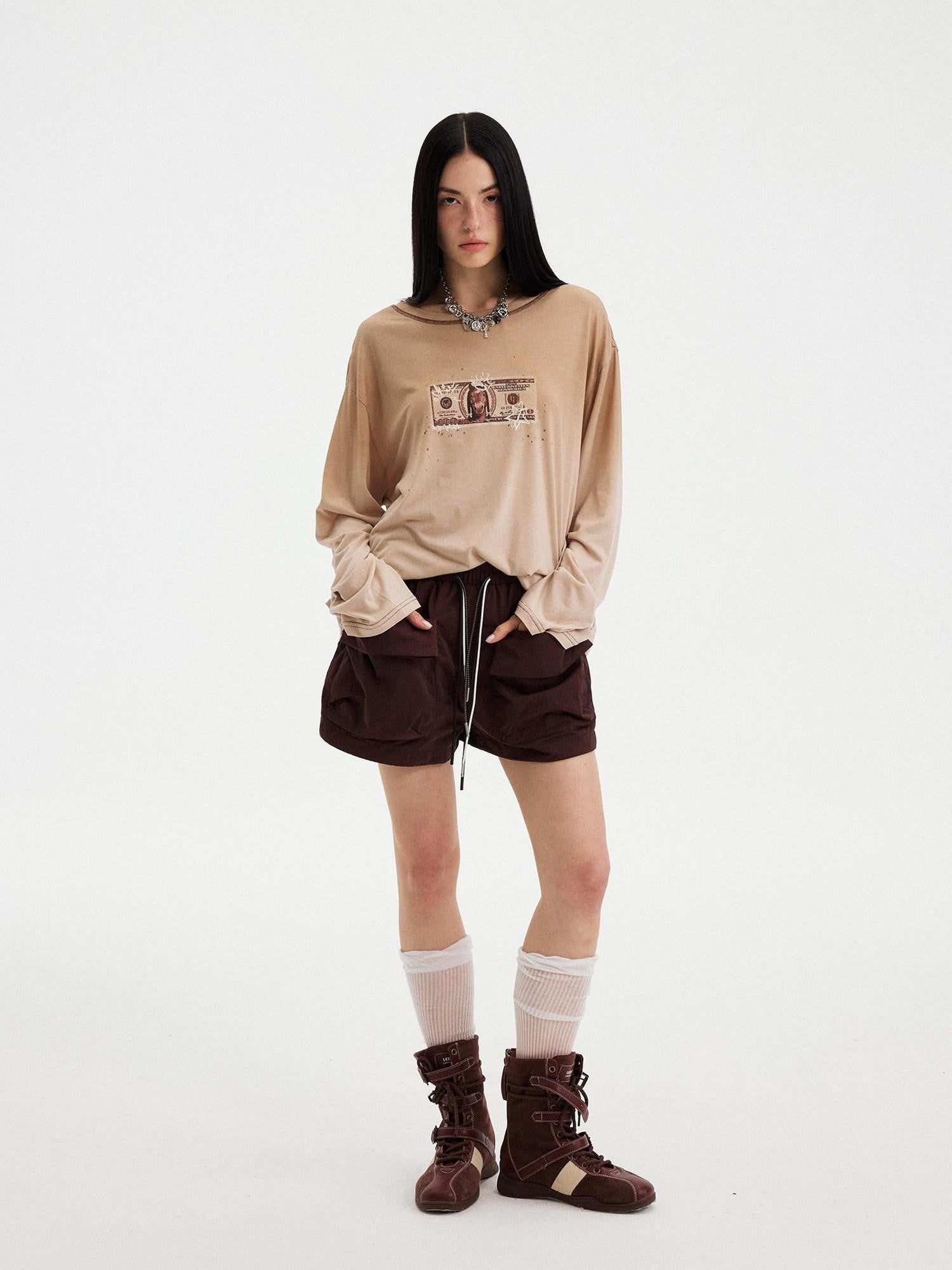 DIDDI MODA Light Khaki Letter Print U Neck Drop Shoulder Women&