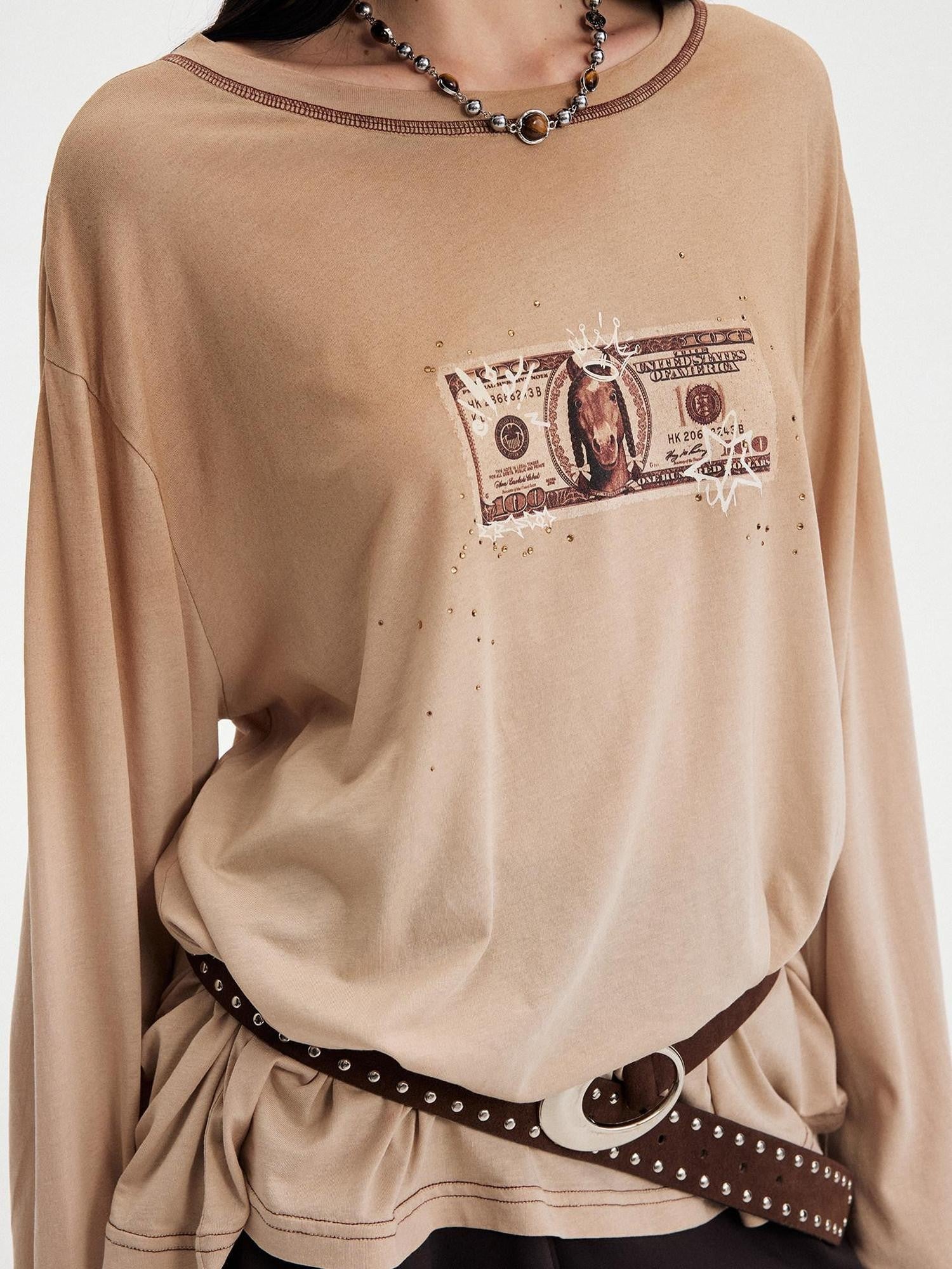 DIDDI MODA Light Khaki Letter Print U Neck Drop Shoulder Women&