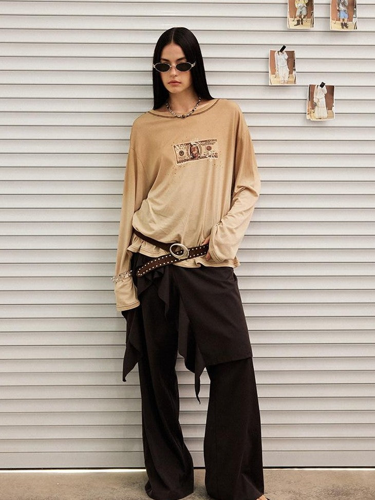 DIDDI MODA Light Khaki Letter Print U Neck Drop Shoulder Women&