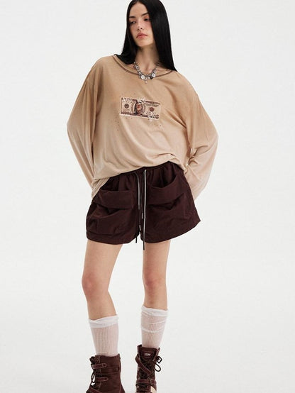 DIDDI MODA Light Khaki Letter Print U Neck Drop Shoulder Women&