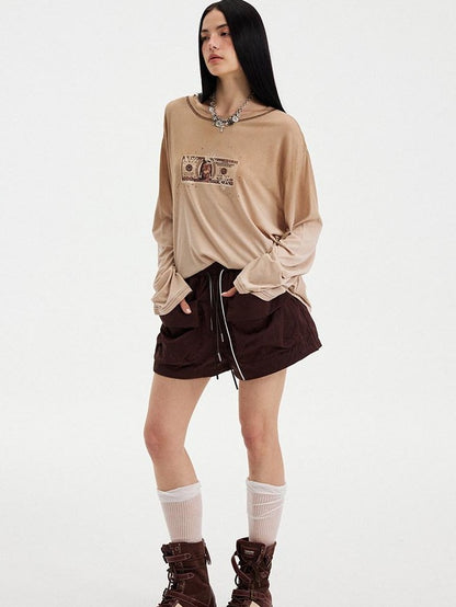 DIDDI MODA Light Khaki Letter Print U Neck Drop Shoulder Women&