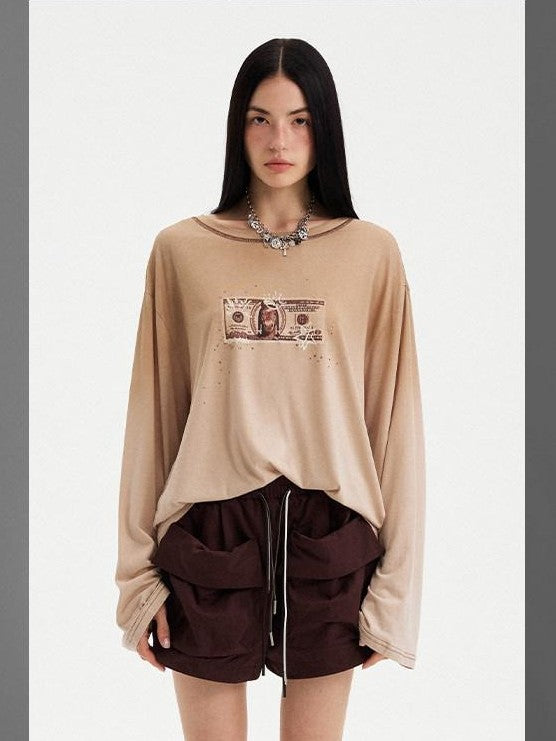 DIDDI MODA Light Khaki Letter Print U Neck Drop Shoulder Women&