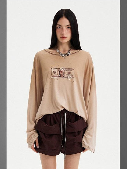 DIDDI MODA Light Khaki Letter Print U Neck Drop Shoulder Women&