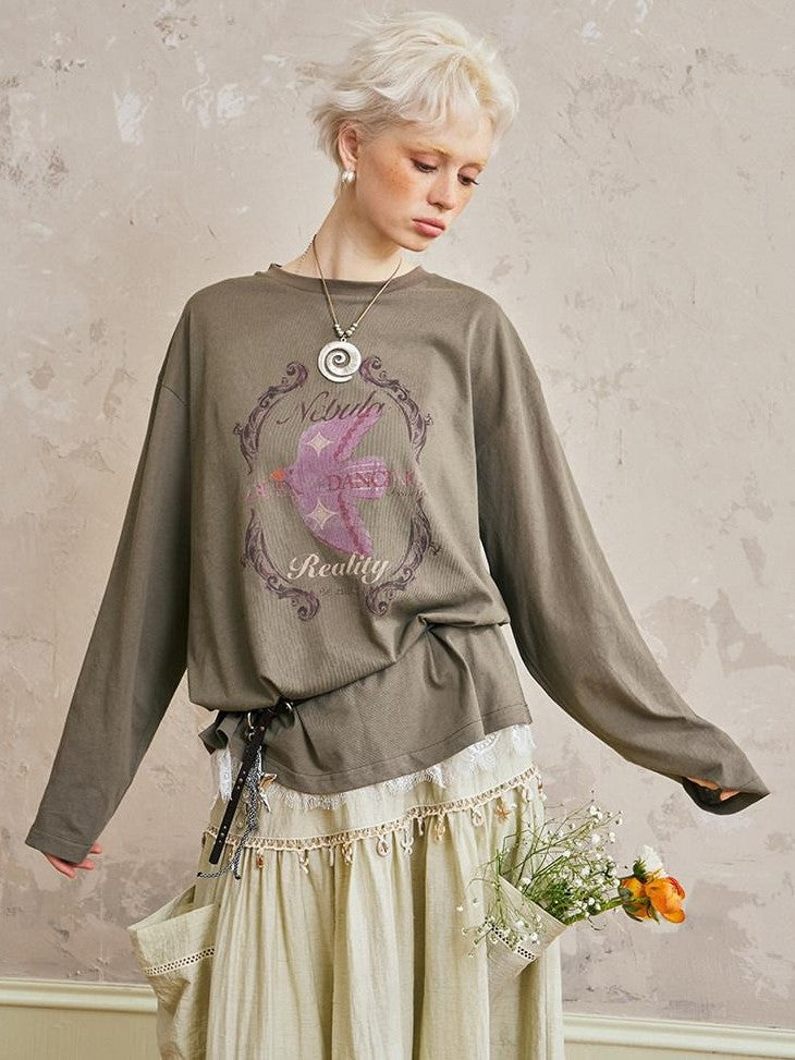 DIDDI MODA Long Sleeve Crewneck Loose Fit Printed Women&