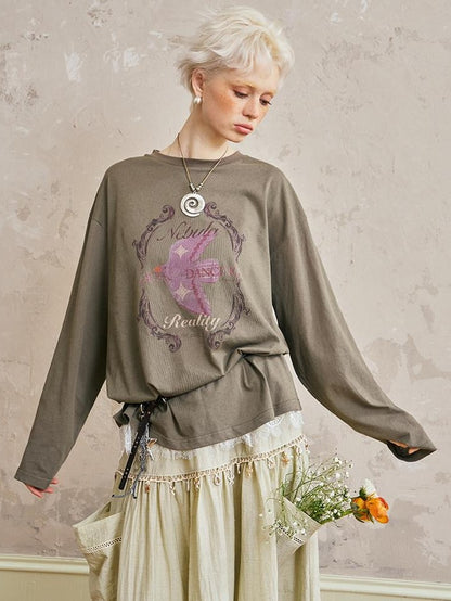 DIDDI MODA Long Sleeve Crewneck Loose Fit Printed Women&