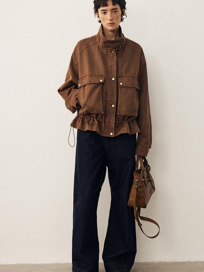 DIDDI MODA Loose Fit Drop Shoulder Drawstring Stand Collar Big Pockets Women&