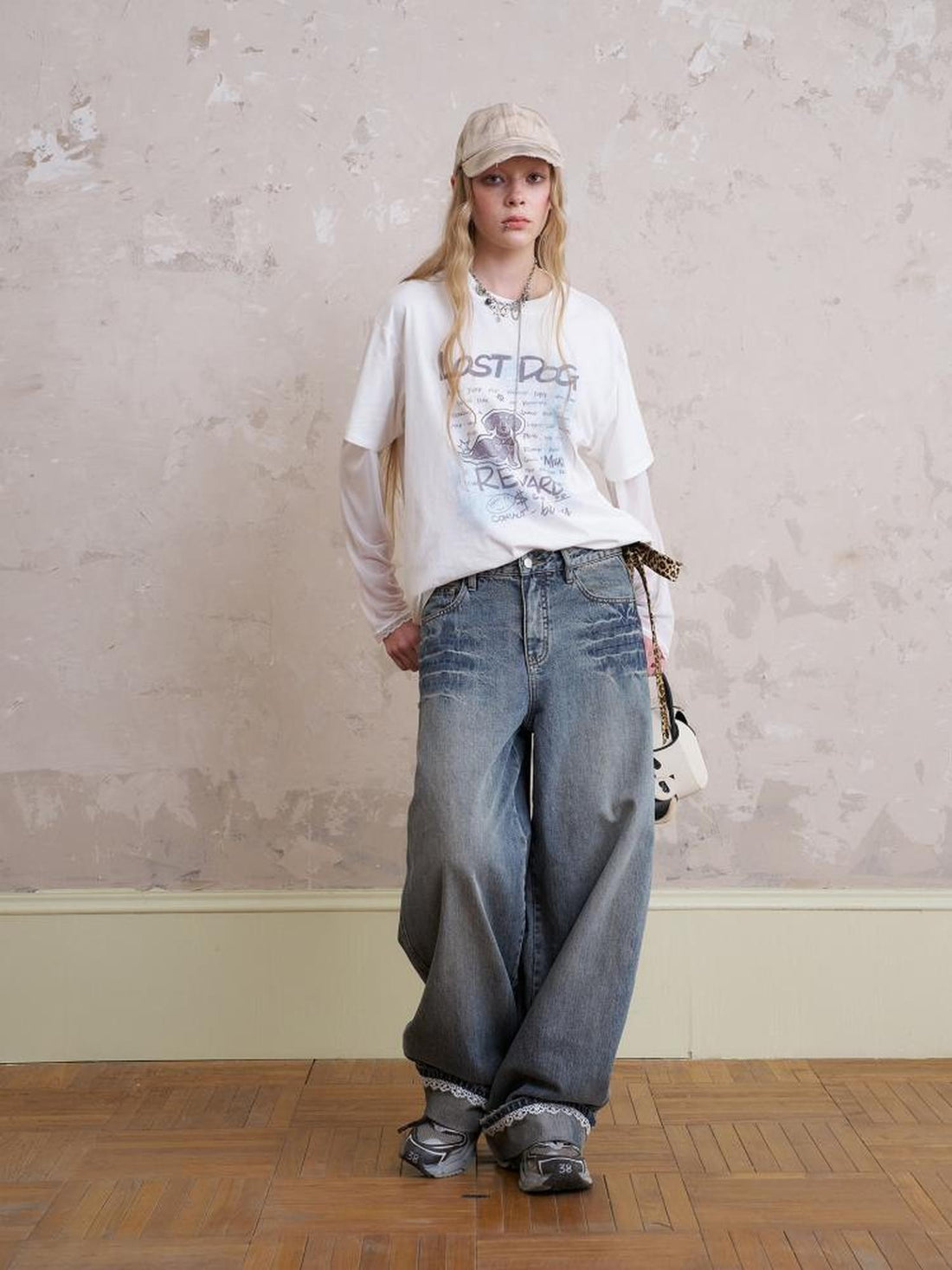 DIDDI MODA Loose Fit Patchwork Cuffs Fake Two Piece Graphic Women&