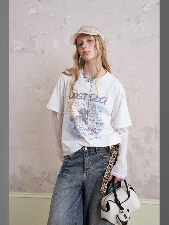 DIDDI MODA Loose Fit Patchwork Cuffs Fake Two Piece Graphic Women&