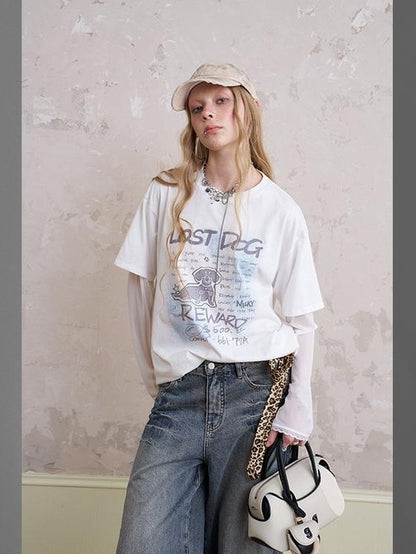 DIDDI MODA Loose Fit Patchwork Cuffs Fake Two Piece Graphic Women&