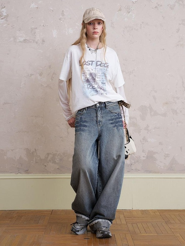 DIDDI MODA Loose Fit Patchwork Cuffs Fake Two Piece Graphic Women&