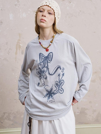 DIDDI MODA Loose Fit Rhinestone Round Neck Women&