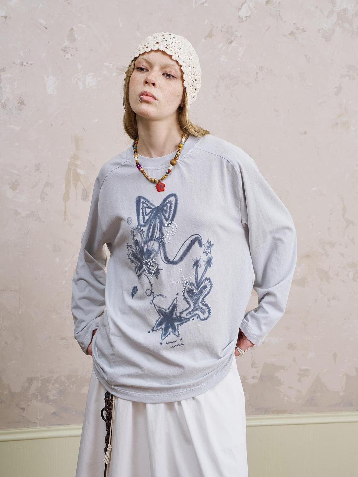 DIDDI MODA Loose Fit Rhinestone Round Neck Women&