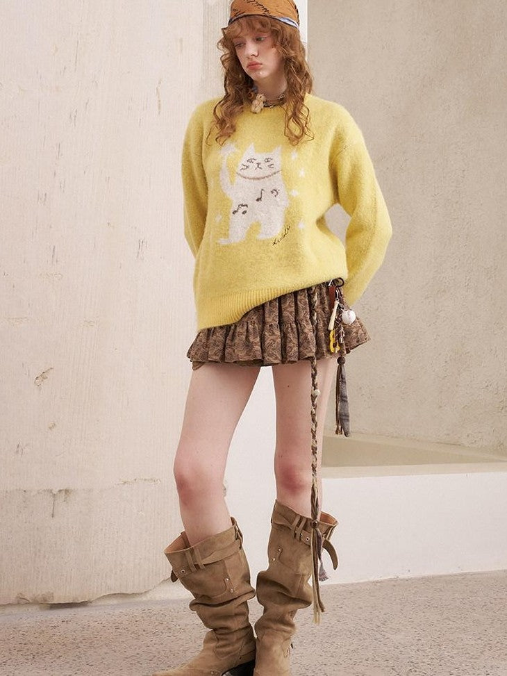 DIDDI MODA Magic Cat Cartoon Soft Oversized Pullover Women&