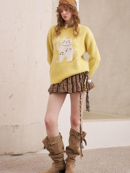 DIDDI MODA Magic Cat Cartoon Soft Oversized Pullover Women&