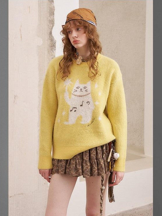 DIDDI MODA Magic Cat Cartoon Soft Oversized Pullover Women&