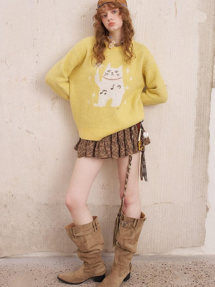 DIDDI MODA Magic Cat Cartoon Soft Oversized Pullover Women&