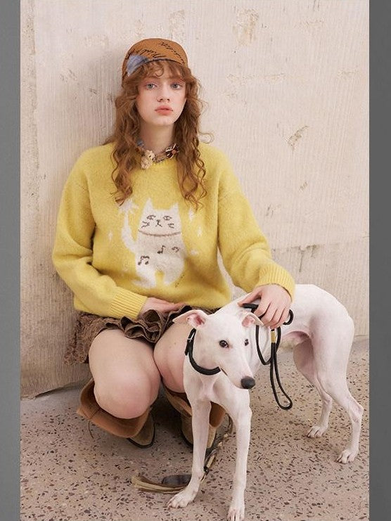 DIDDI MODA Magic Cat Cartoon Soft Oversized Pullover Women&