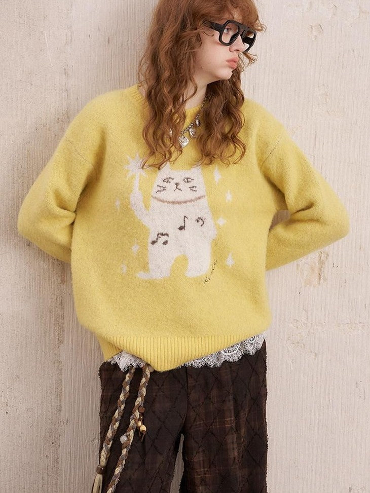 DIDDI MODA Magic Cat Cartoon Soft Oversized Pullover Women&