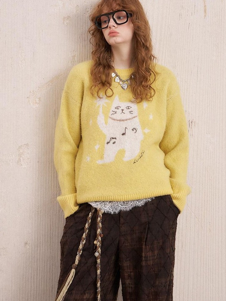 DIDDI MODA Magic Cat Cartoon Soft Oversized Pullover Women&