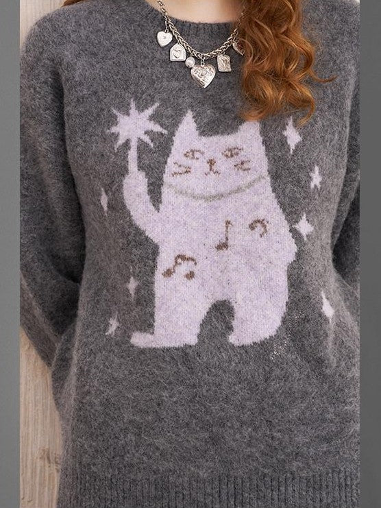 DIDDI MODA Magic Cat Cartoon Soft Oversized Pullover Women&