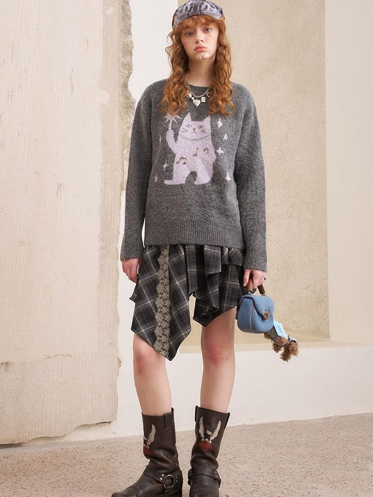 DIDDI MODA Magic Cat Cartoon Soft Oversized Pullover Women&