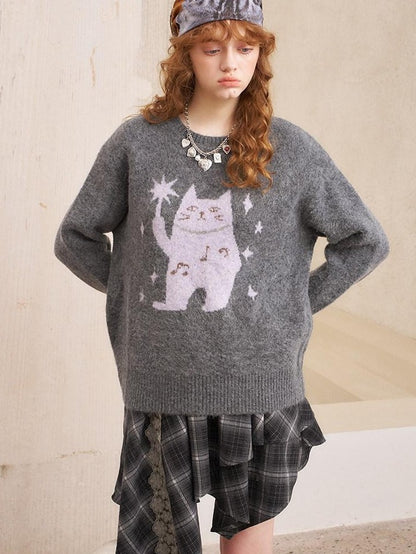 DIDDI MODA Magic Cat Cartoon Soft Oversized Pullover Women&