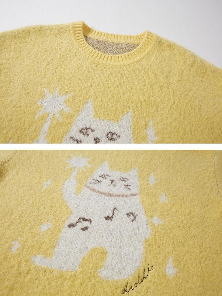 DIDDI MODA Magic Cat Cartoon Soft Oversized Pullover Women&