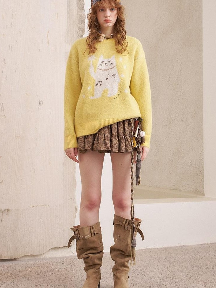 DIDDI MODA Magic Cat Cartoon Soft Oversized Pullover Women&
