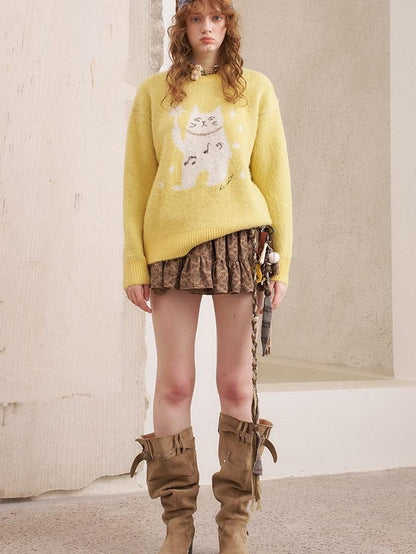 DIDDI MODA Magic Cat Cartoon Soft Oversized Pullover Women&
