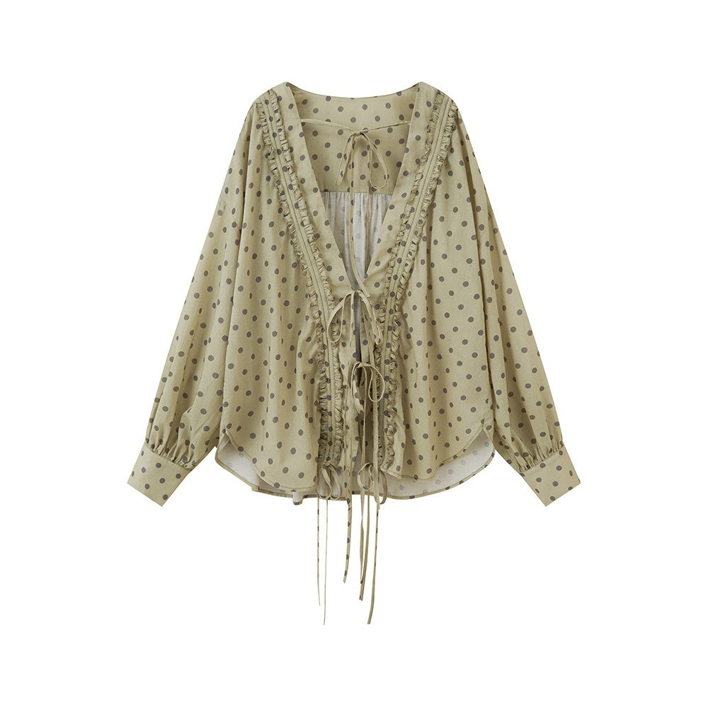 DIDDI_MODA_Matcha_Polka_Dot_Ruffle_V-neck_Drawstring_Women&