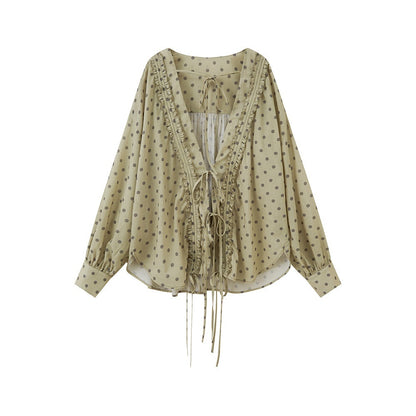 DIDDI_MODA_Matcha_Polka_Dot_Ruffle_V-neck_Drawstring_Women&