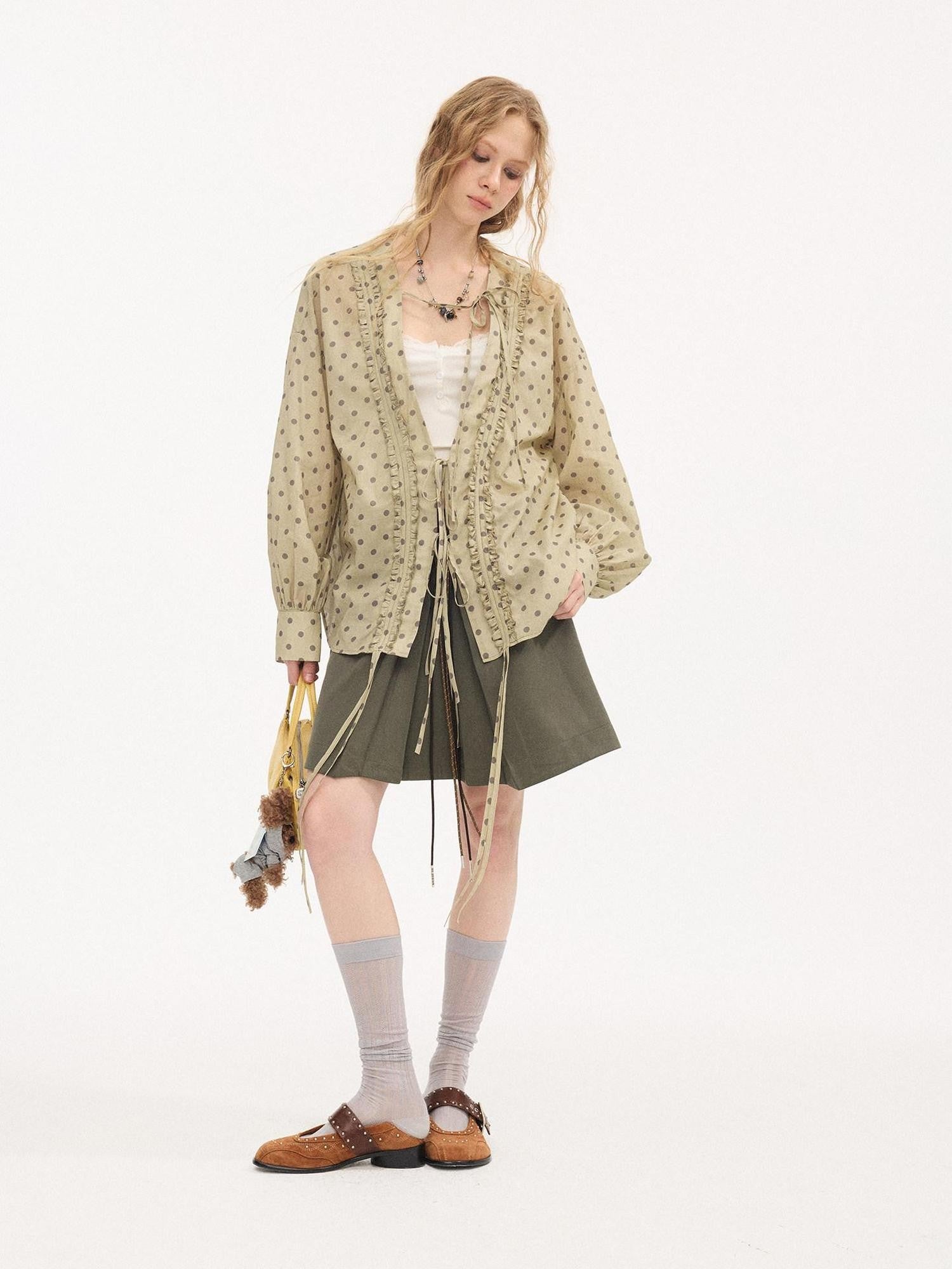 DIDDI MODA Matcha Polka Dot Ruffle V-neck Drawstring Women&