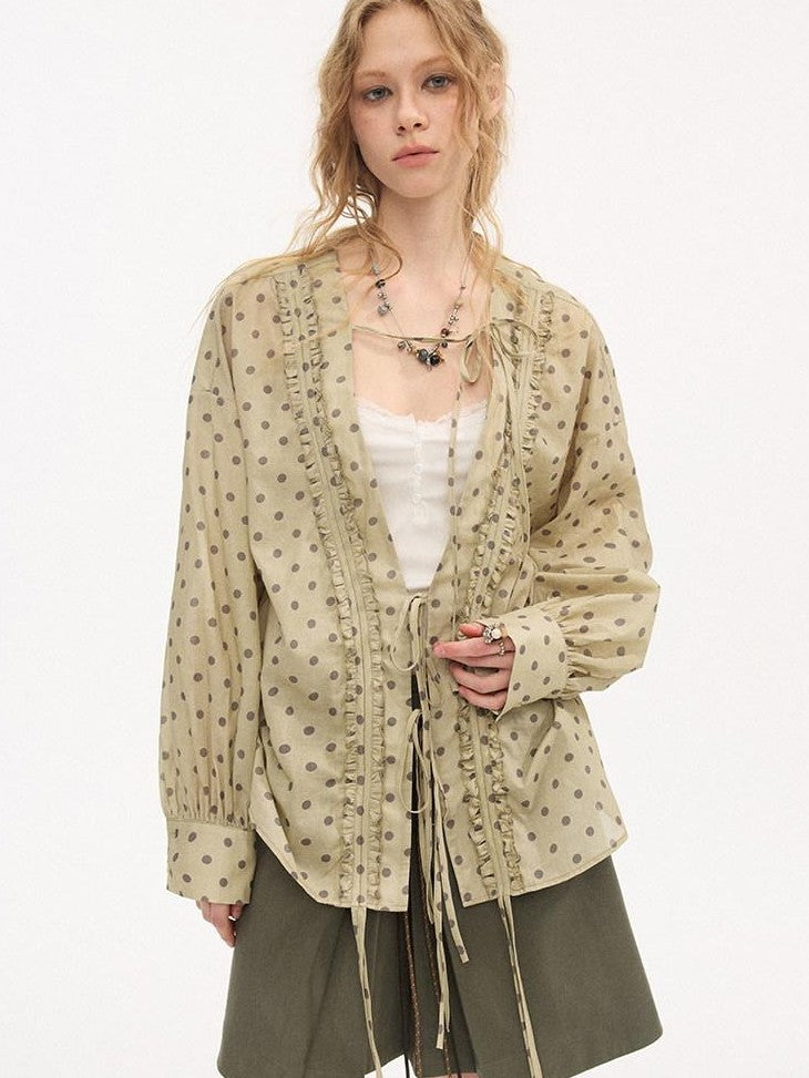 DIDDI MODA Matcha Polka Dot Ruffle V-neck Drawstring Women&