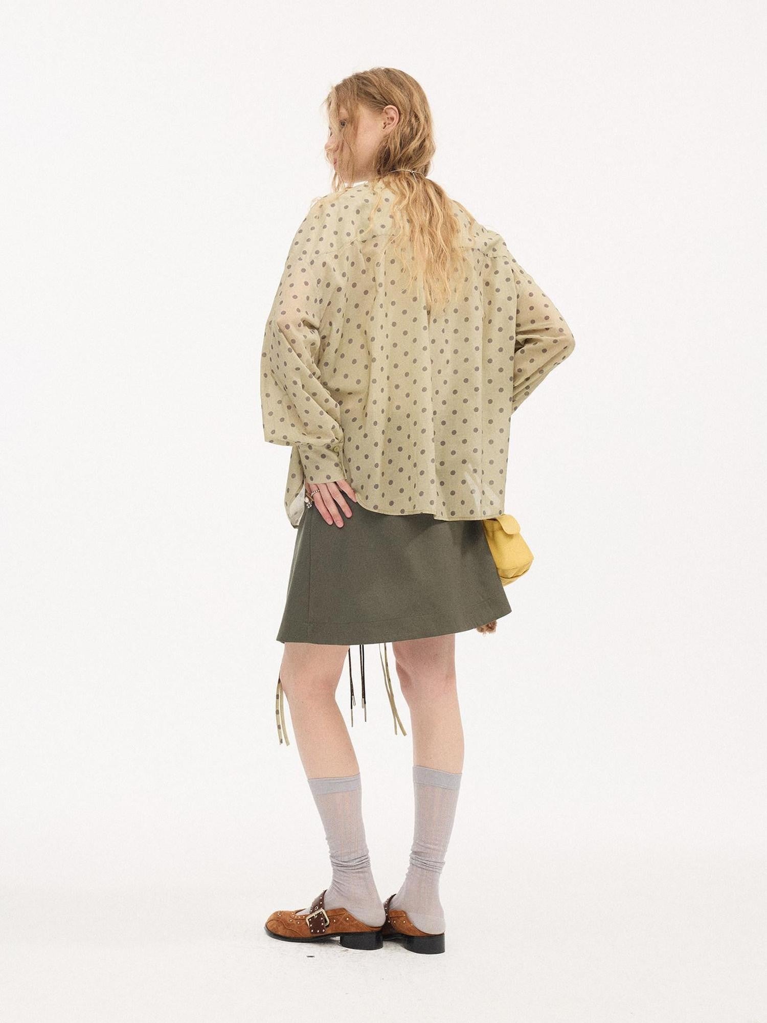 DIDDI MODA Matcha Polka Dot Ruffle V-neck Drawstring Women&