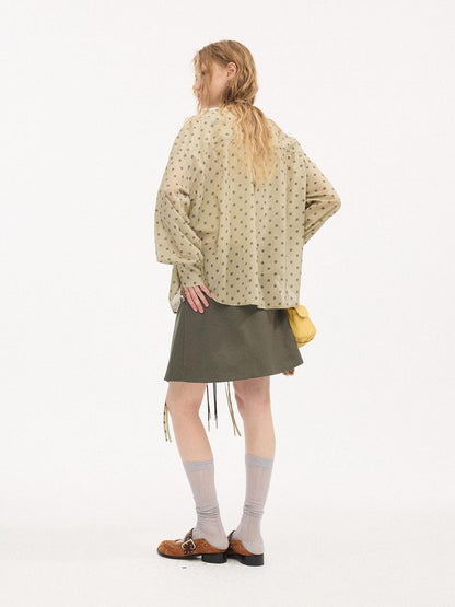DIDDI MODA Matcha Polka Dot Ruffle V-neck Drawstring Women&