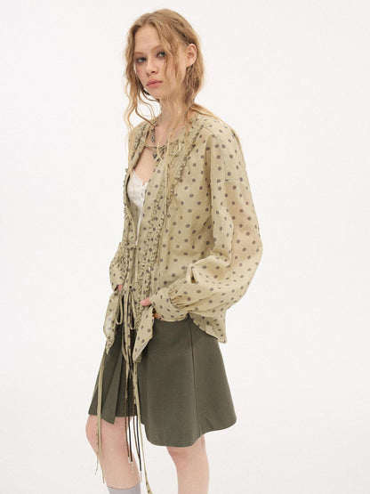 DIDDI MODA Matcha Polka Dot Ruffle V-neck Drawstring Women&